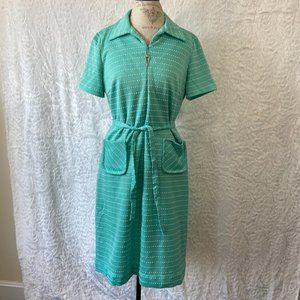 Vintage 60’s Retro Teal Polka Dot Print Abstract Belted Midi Dress Frock